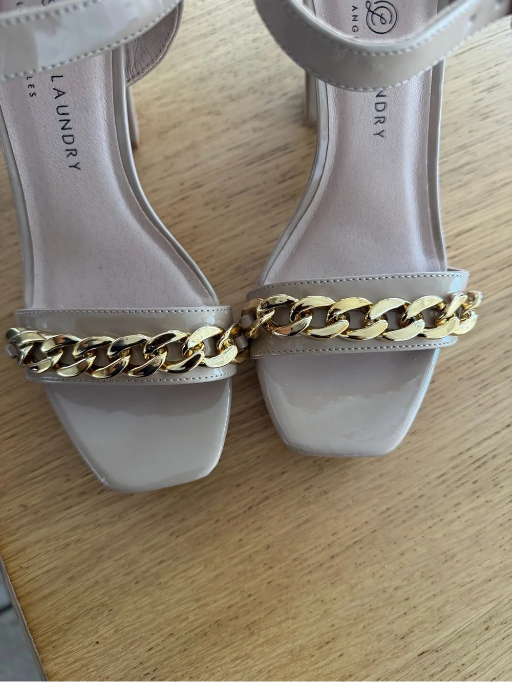 Nude Patent Platform Sandal with Gold Chain